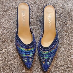 Navy Beaded Pointed-Toe Slip-On Mules